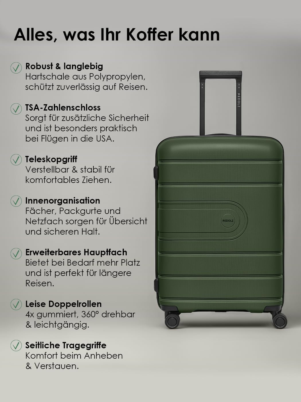 REDOLZ Hartschalen Check-in Koffer | Mittelgrosser M Trolley 46 x 28 x 66 cm mit Dehnfalte aus hochw