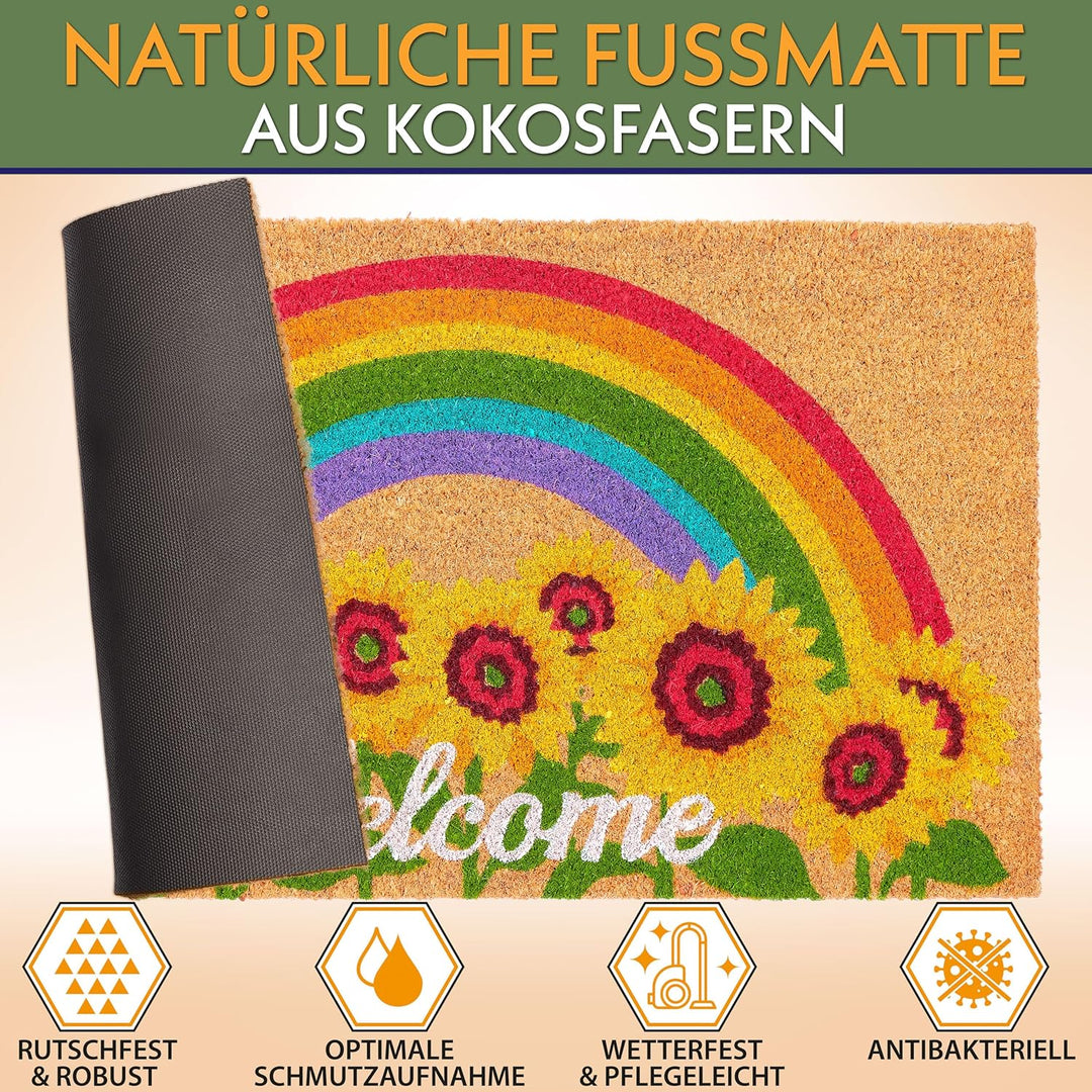 BRUBAKER Fussmatte für Aussen und Innen - Welcome mit Sonnenblumen und Regenbogen - 45 x 75 cm Blume
