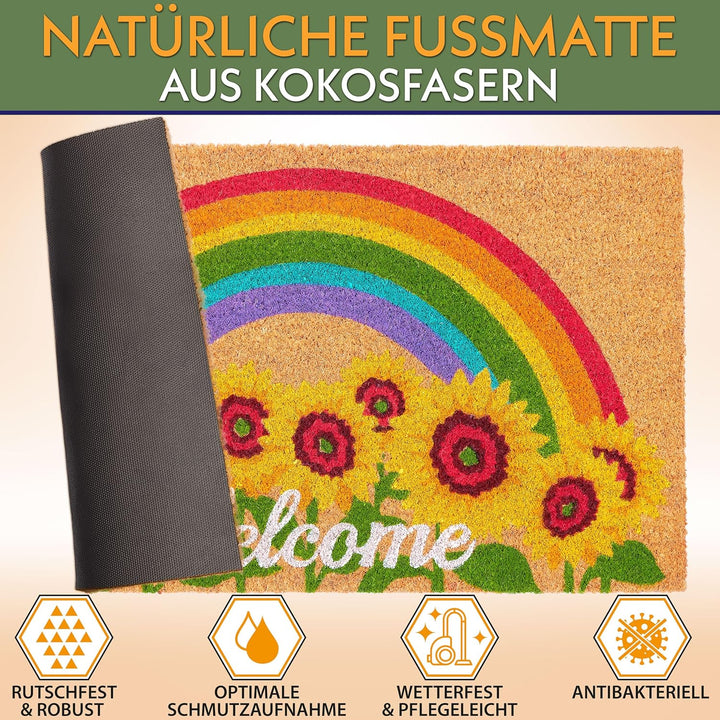 BRUBAKER Fussmatte für Aussen und Innen - Welcome mit Sonnenblumen und Regenbogen - 45 x 75 cm Blume