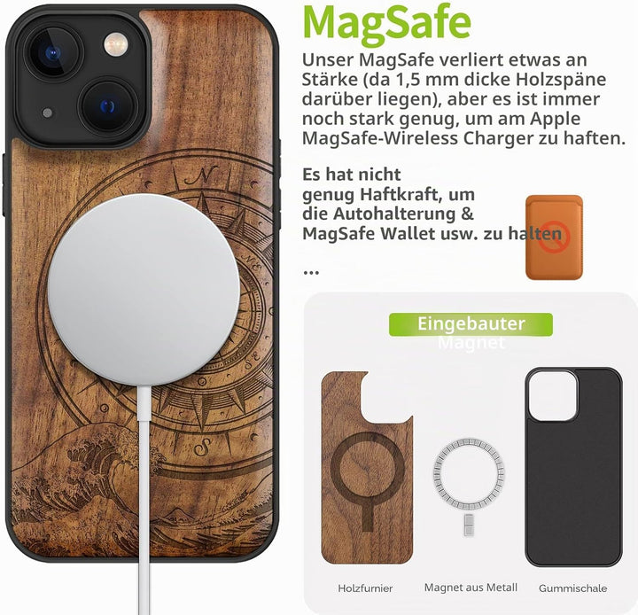 Carveit Magnetisch Hülle für iPhone 13 Mini [Elegante Walnuss] [Weich TPU Stossstange] Stossfeste Ha