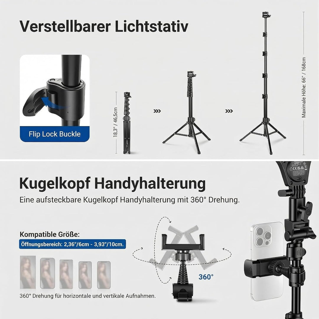 NEEWER Entry Level Version 10,5" 10W Ring Light mit 66" Stativständer, Überkopf Handyhalterung Kompa