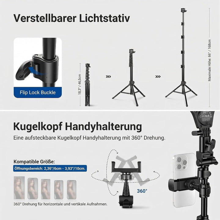 NEEWER Entry Level Version 10,5" 10W Ring Light mit 66" Stativständer, Überkopf Handyhalterung Kompa