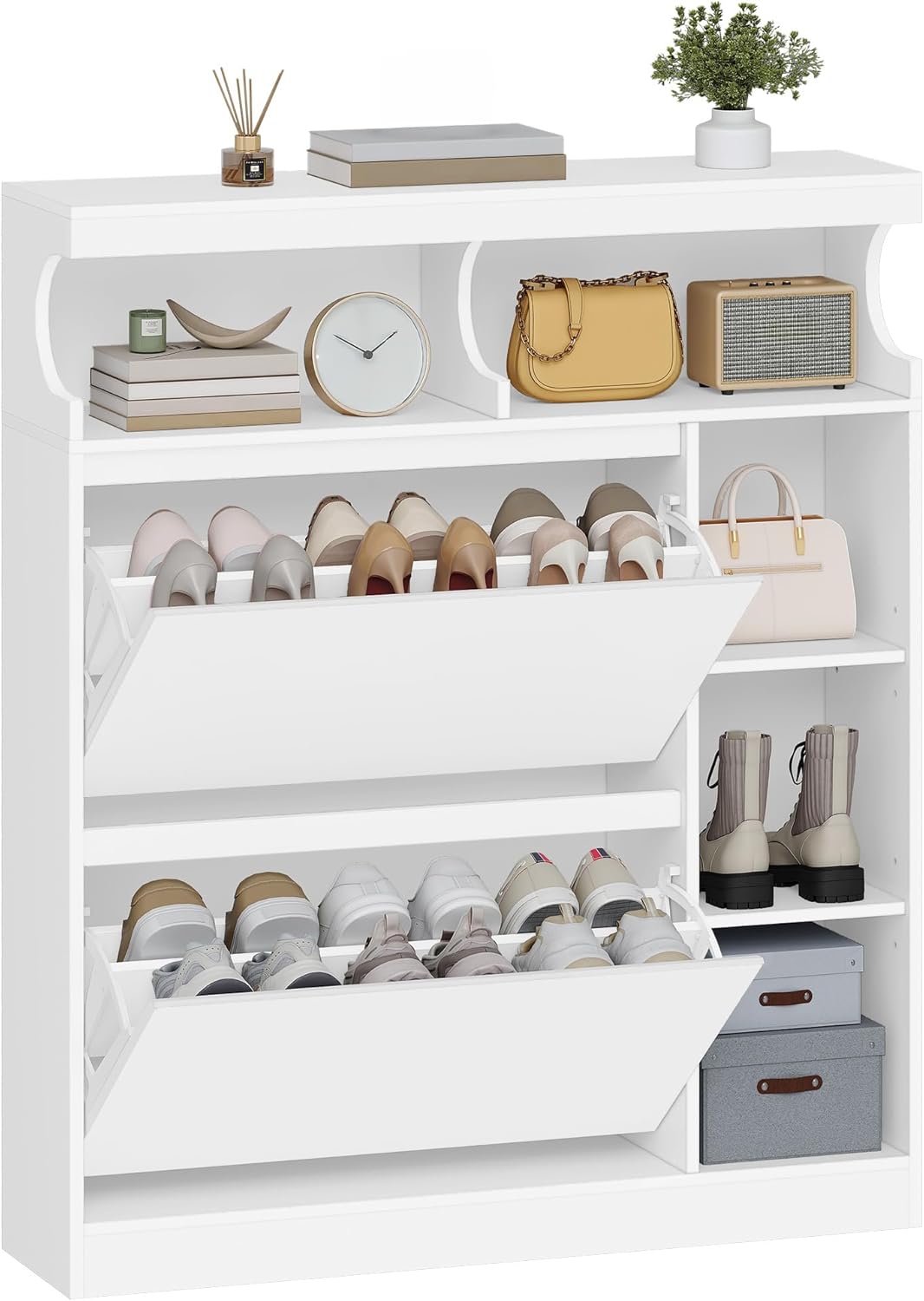 Hzuaneri Schuhschrank mit 2 Klappen, Schmal Schuhschrank mit 3 Ablagefächer, Trennwand Verstellbar,