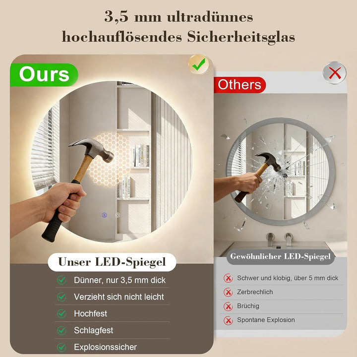 Runder Spiegel mit Beleuchtung, LED Spiegel Rund 60 cm, Badspiegel mit Beleuchtung Rund, mit 3 Licht
