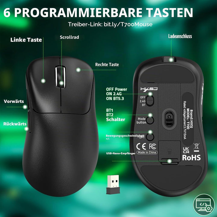 LexonElec HXSJ T700 Ultra-Light Wireless Gaming Mouse, Ergonomischer Formfaktor für Rechtshänder, BT