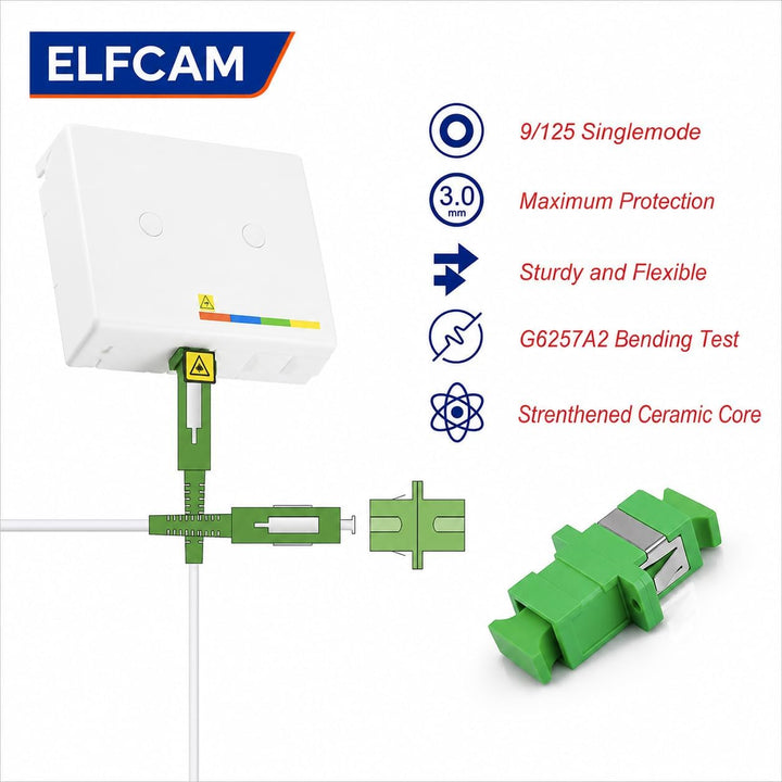 Elfcam® - 15m Glasfaserkabel SC/APC auf SC/APC Simplex Singlemode, Lieferung mit LWL Adapter, LWL ka