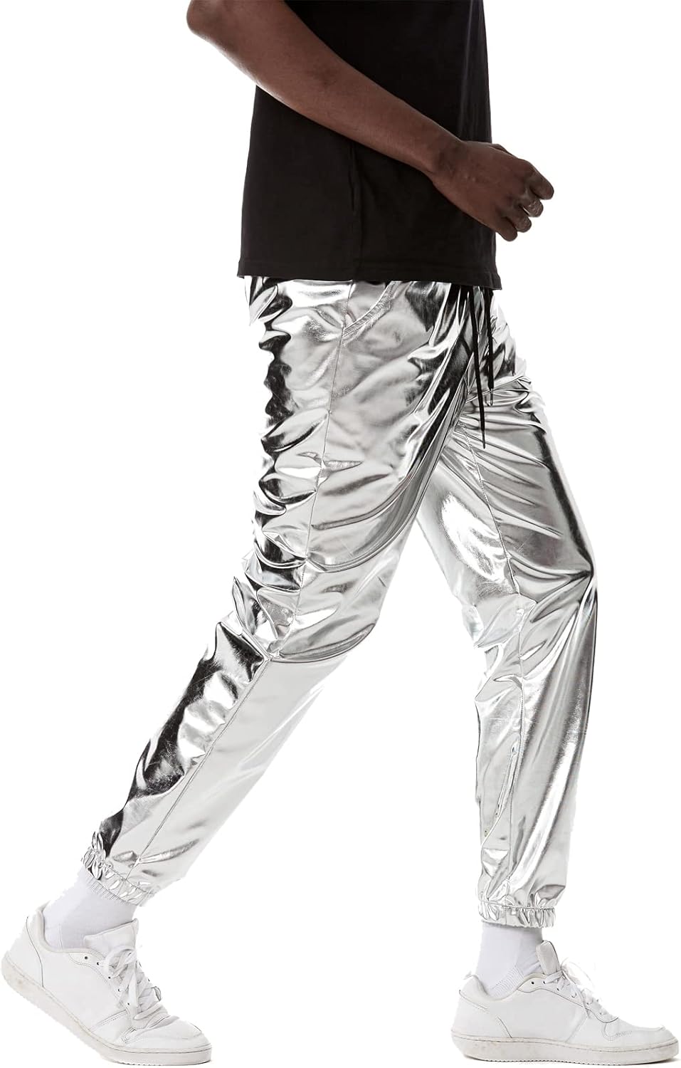 LucMatton Herren-Jogginghose, metallisch, glänzend, Disco-Party, elastische Hose S Silber, S Silber