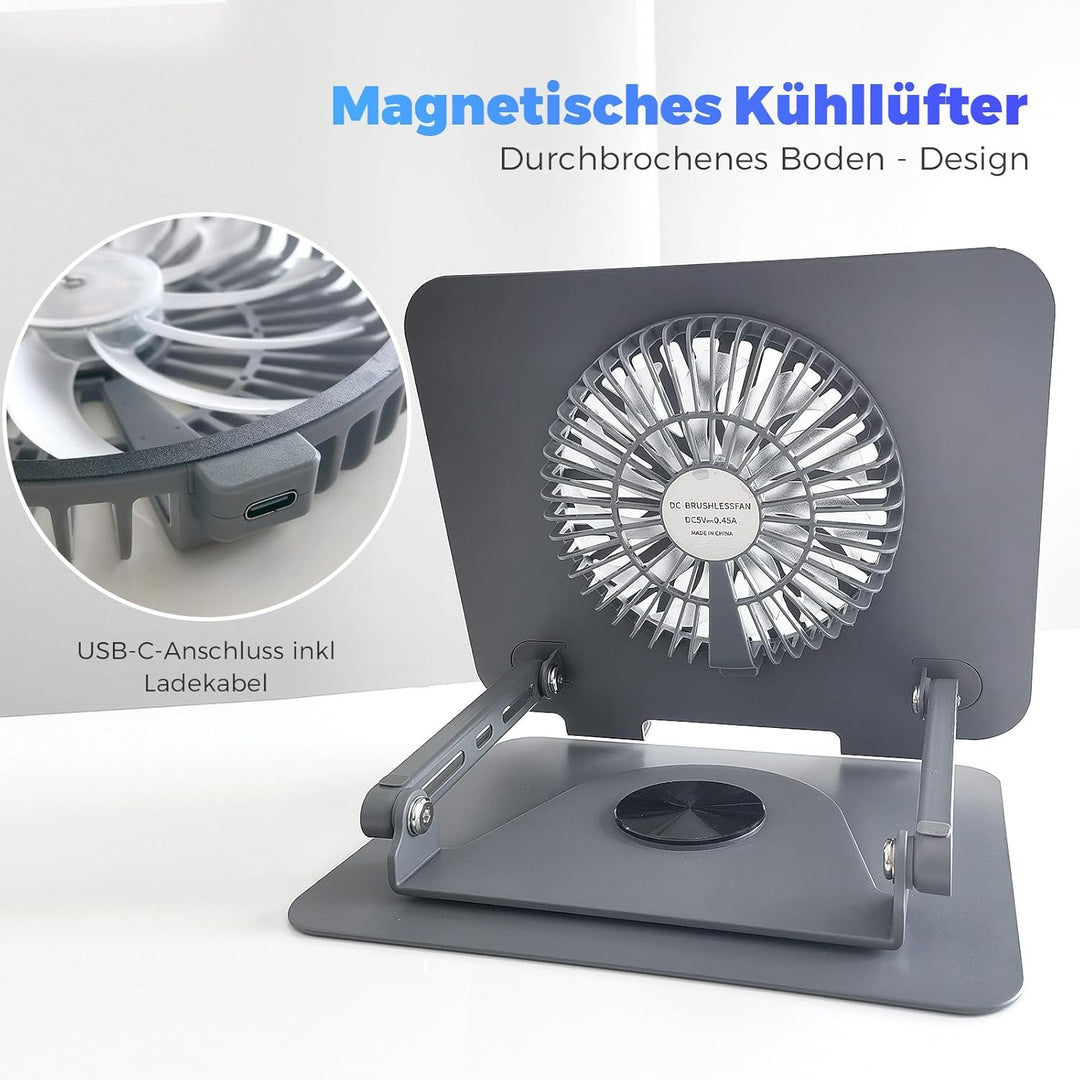 Laptop Ständer aus Aluminium, 360° Drehbar, Faltbar, mit Magnetischem Lüfter für Kühlung, Kompatibel