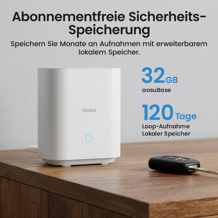 aosu 2K Überwachungskamera Aussen Akku Solar, 2-Cam-Kit mit aosuBase, Ohne Abonnement, 32GB Speicher