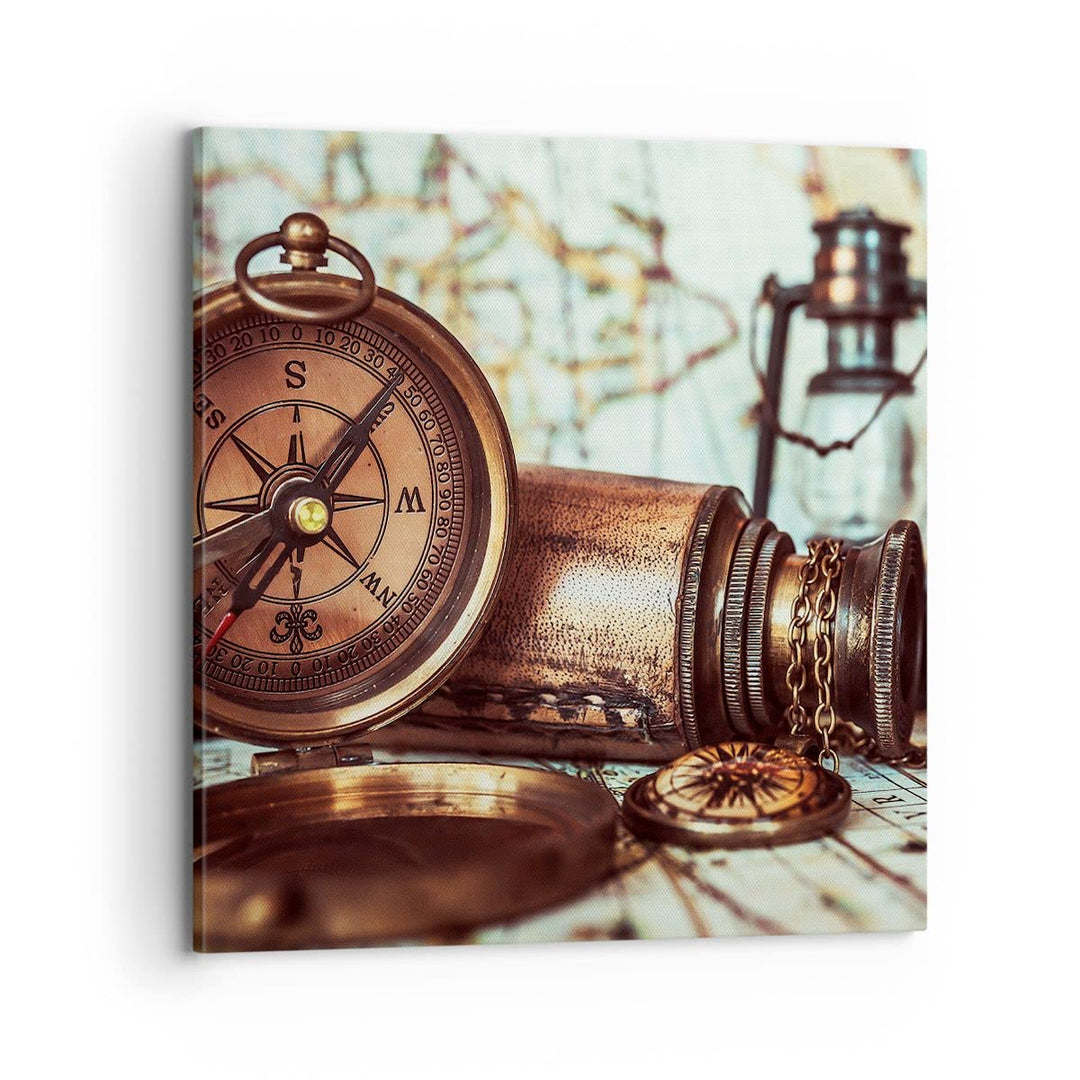 Bilder auf Leinwand 70x70cm Leinwandbild Kompass Teleskop Abenteuer antik Gross Wanddeko Bild Schlaf