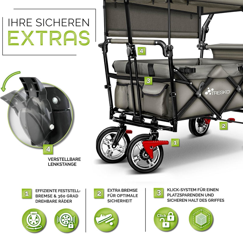 TRESKO® Bollerwagen faltbar mit Dach | Handwagen mit 2x3-Punkt Gurtsystem | Gartenwagen klappbar bis