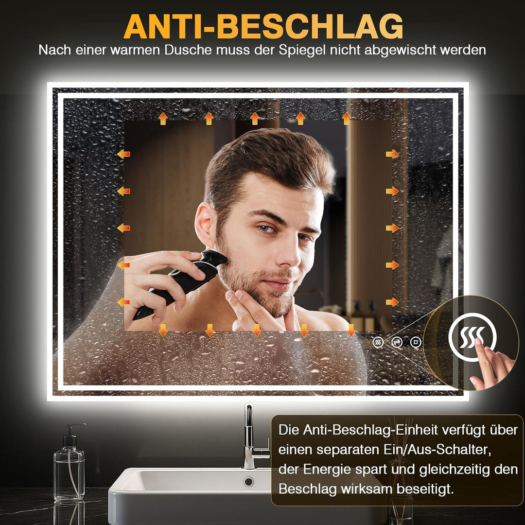 LED Badspiegel mit Beleuchtung, Beleuchteter Badezimmerspiegel mit 3 Lichtfarben, Dimmbar, Anti-Besc