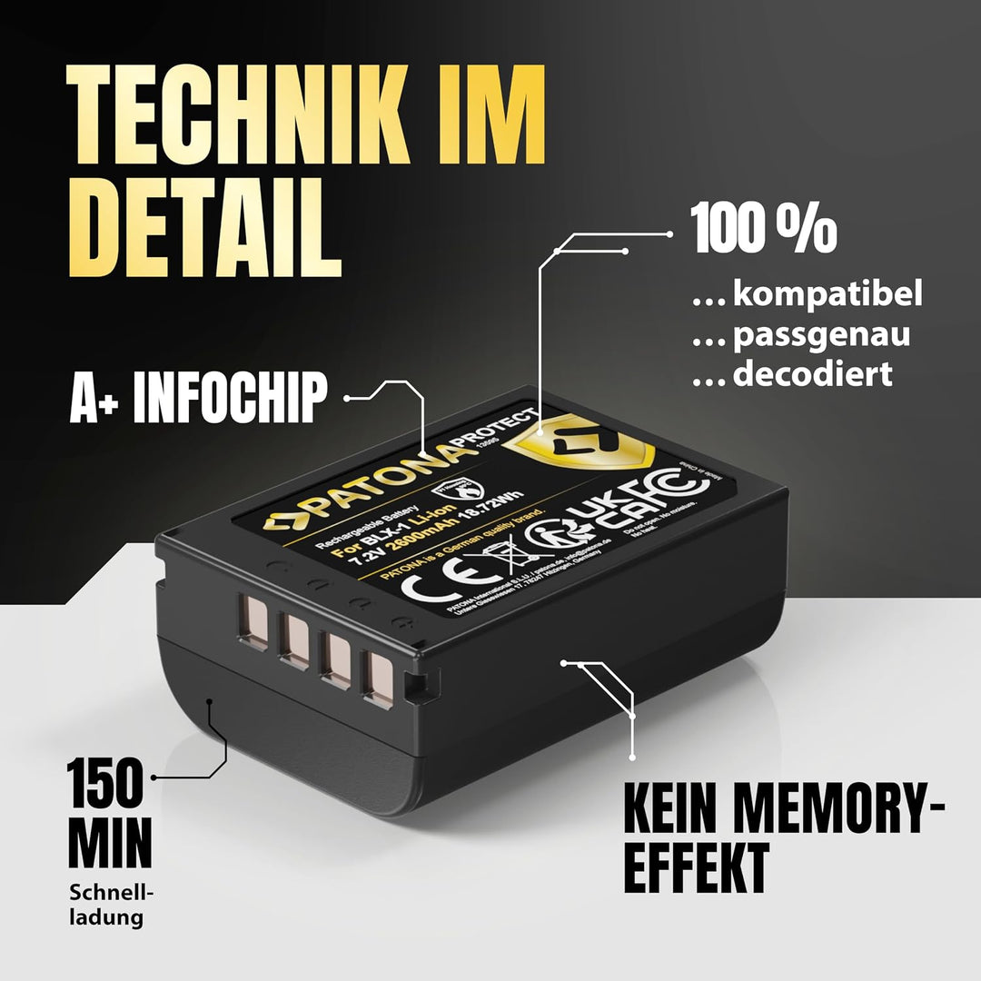 PATONA Protect BLX-1 Akku (2400mAh) mit NTC-Sensor und V1 Gehäuse - für OM-1 1x BLX1, 1x BLX1