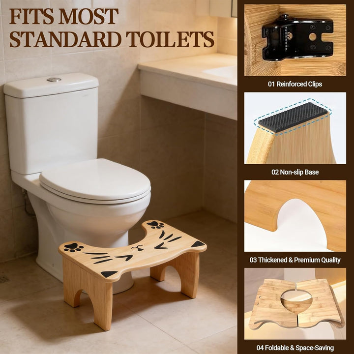 Toilettenhocker Holz, Faltbarer Toilettenhocker mit Katzendesign, Rutschfester Badezimmer-Tritthocke