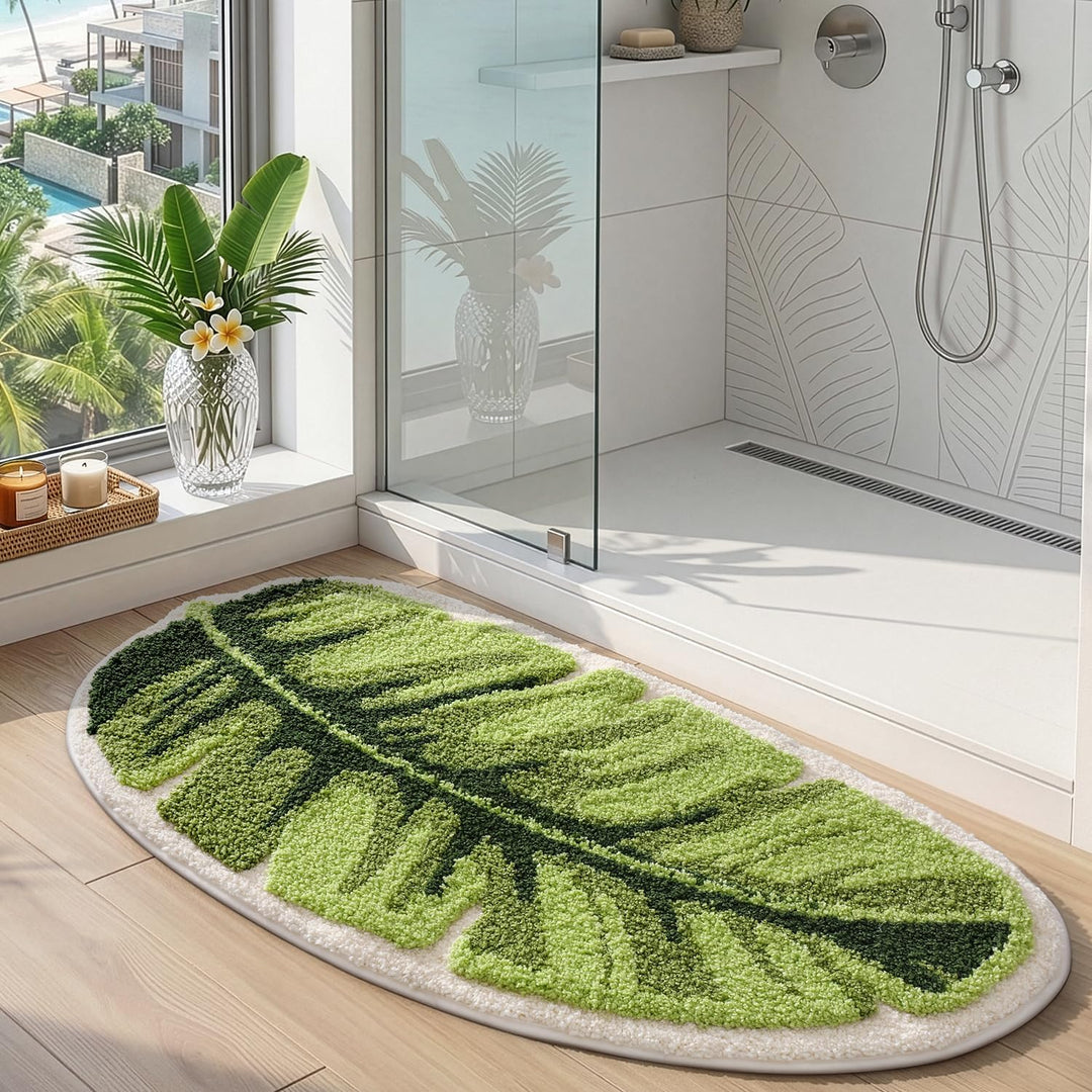 DEXI Badezimmerteppich 50 x 100 cm, Badematte rutschfest Absorbierende mit Monstera Pflanzenmuster,