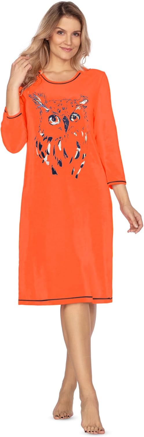 e.Femme® Damen Nachthemd Jenny 1113 aus 93% Baumwolle und 7% Elasthan, mit Eule Orange 38, Orange 38