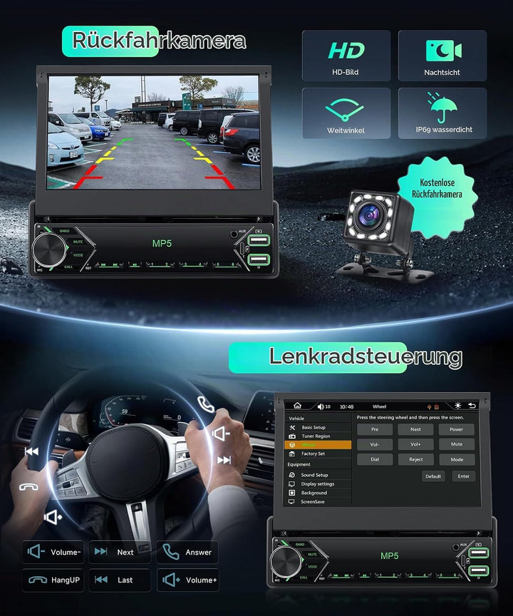 Autoradio 1 Din Carplay Android Auto Wireless mit 7 Zoll Manuell einziehbar Bildschirm,FM Radio mit