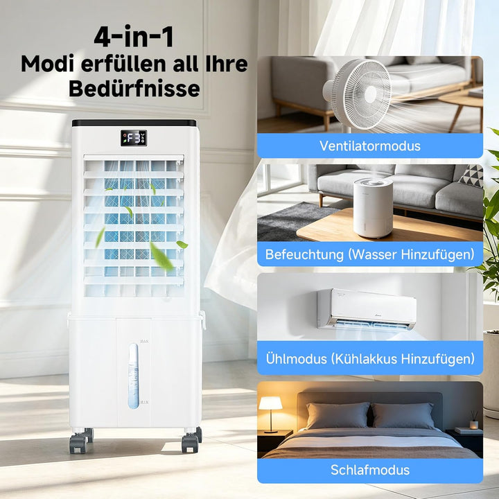 4-in-1 tragbares Klimagerät, Verdunstungsluftkühler mit 10L Wassertank, 4 Modi und 3 Geschwindigkeit