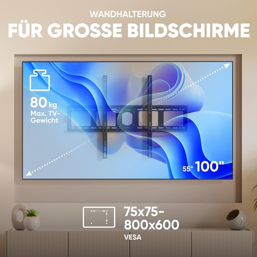 ONKRON Feste TV Wandhalterung für grosse 55-100 Zoll TVs bis zu 75 kg, Ultra Slim TV Wandhalterung F