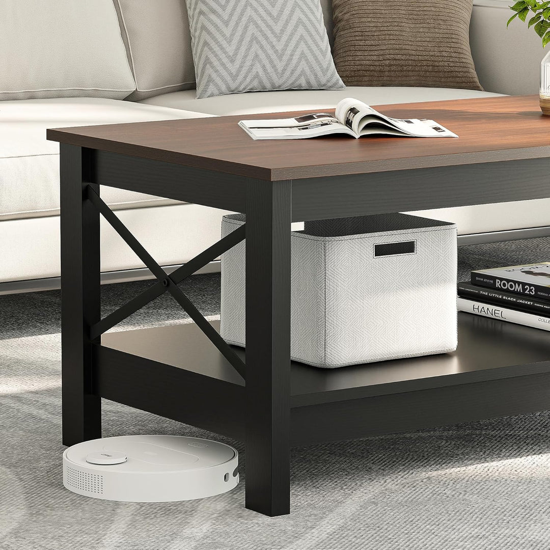 YITAHOME Couchtisch, Wohnzimmertisch, 2-stöckiger Dicker Holz Rechteckiger Couchtisch, X-Form Metal