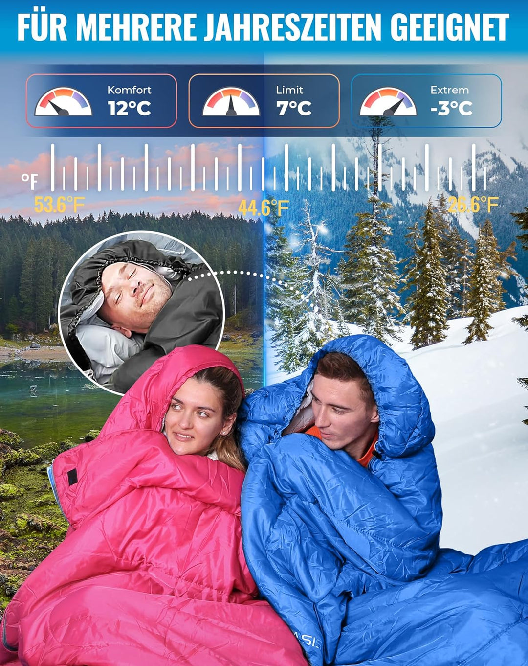 KingCamp Schlafsack für Erwachsene, kaltes Wetter & warm, XL, grosse und hohe Flanell-Schlafsäcke mi