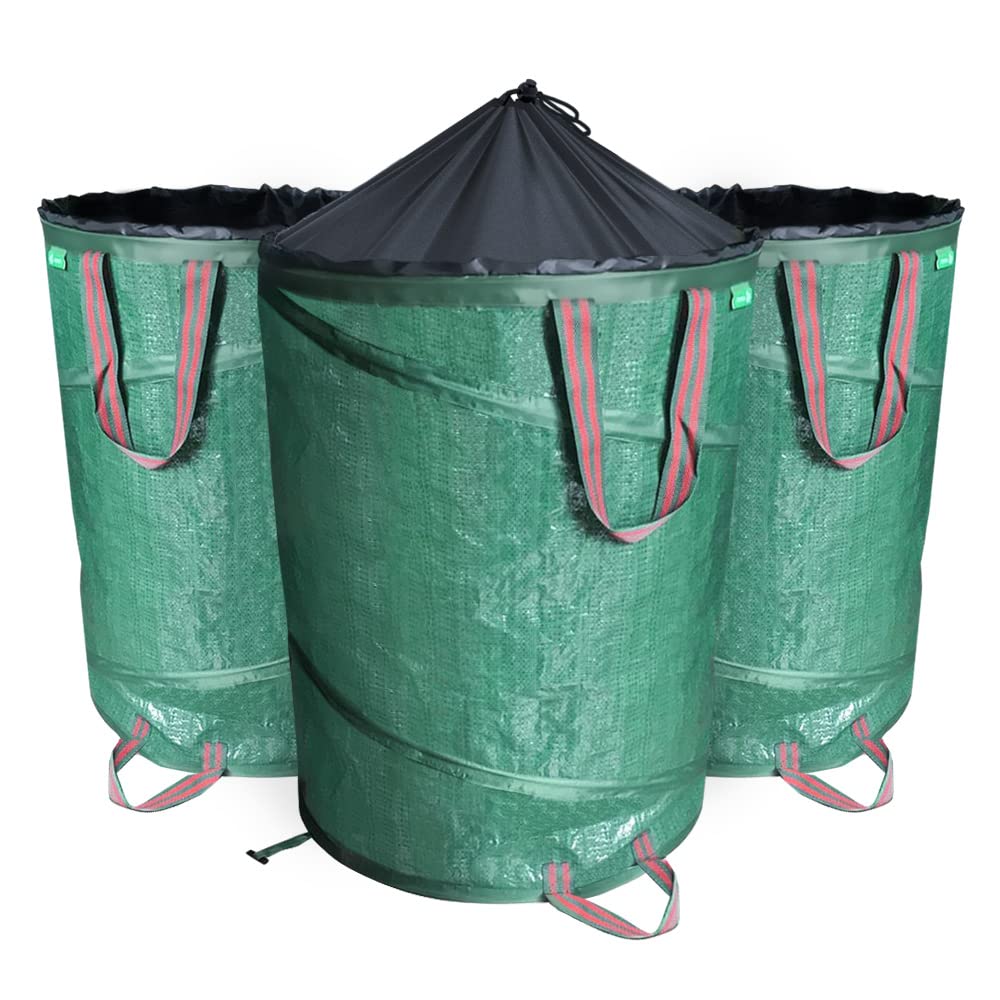 VOUNOT Pop Up Gartensack mit Griffen und Kordelzugverschluss 3er Set 100 L, Faltbarer Laubsack Selbs