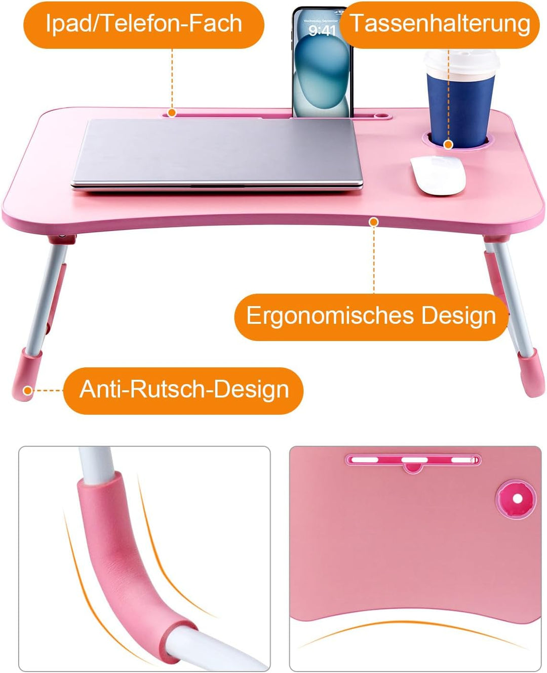 Laptoptisch Betttablett Tablet-Ständer & Becherhalter – Laptop Tisch für Bett, Sofa & Boden (60 x 40