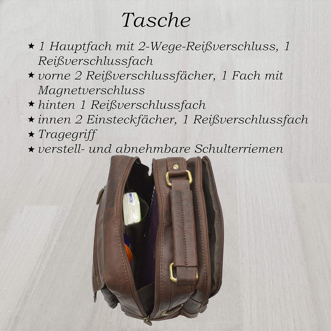 flevado Naturbelassene Leder Schultertasche Umhängetasche Unisex Büffelleder Tasche Dunkelbraun