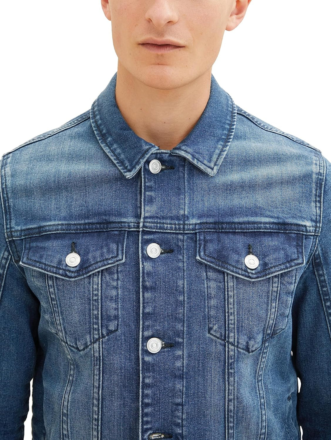 TOM TAILOR Herren Stretch Jeansjacke mit aufgesetzten Brusttaschen M 10119 - Used Mid Stone Blue Den