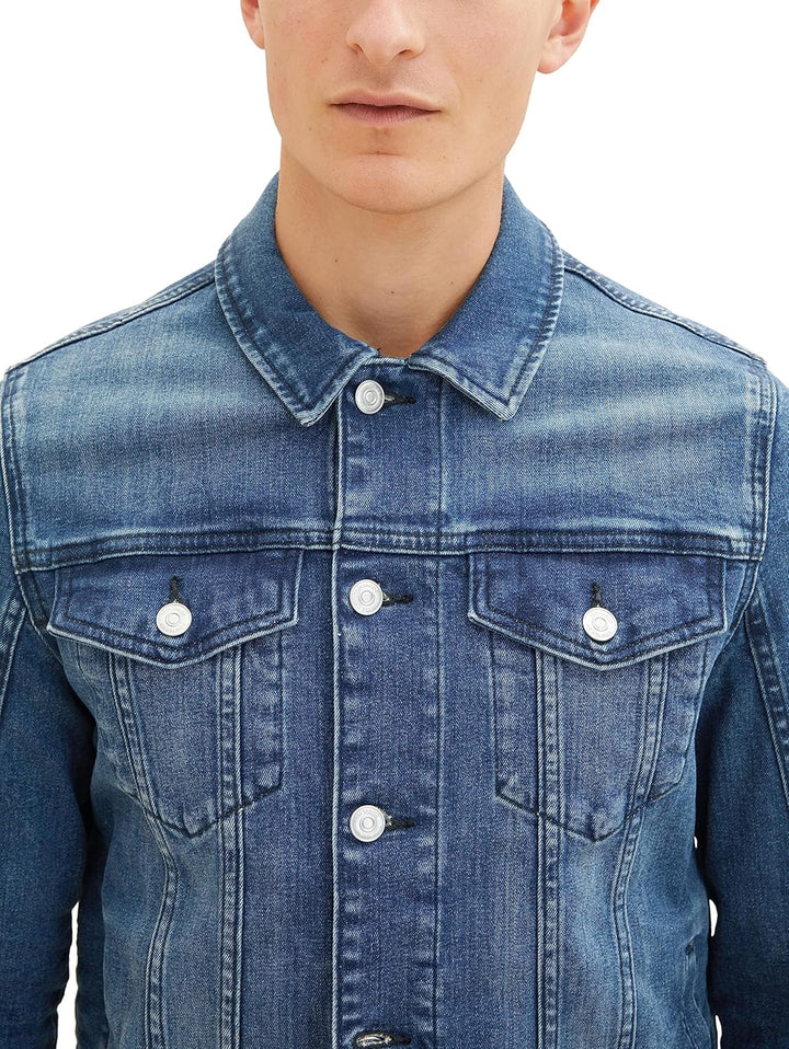 TOM TAILOR Herren Stretch Jeansjacke mit aufgesetzten Brusttaschen M 10119 - Used Mid Stone Blue Den