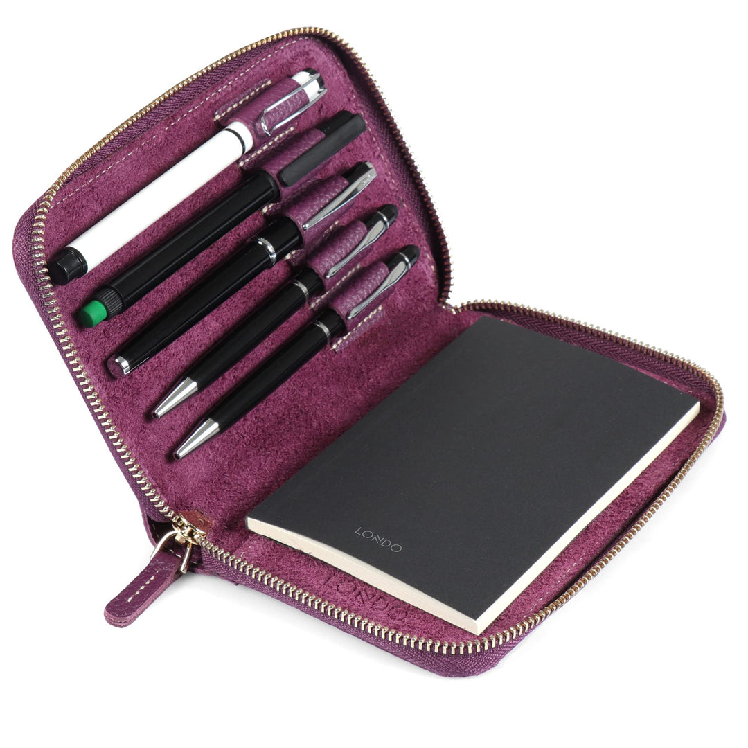 Londo Echtleder Padfolio mit Stifthalter Notepad und Reissverschluss Purple, Purple