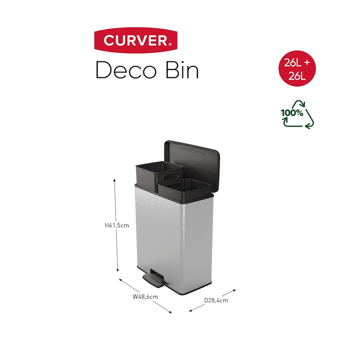 CURVER Duo Dekorativer rechteckiger Abfalleimer, 26 + 26 Liter, silber, 486 x 284 x 615 mm, 100% rec