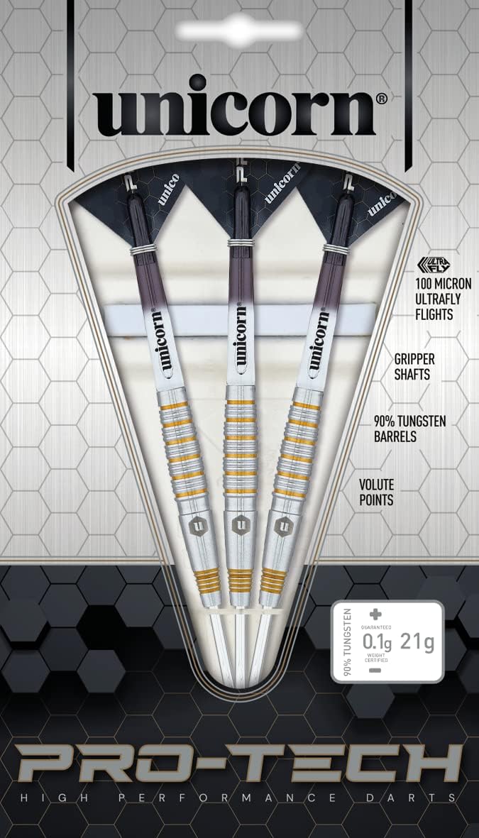 Unicorn Dartpfeile Set | Pro-Tech Style | 90% natürliche Wolfram Barrels mit goldenen Akzenten & Vol