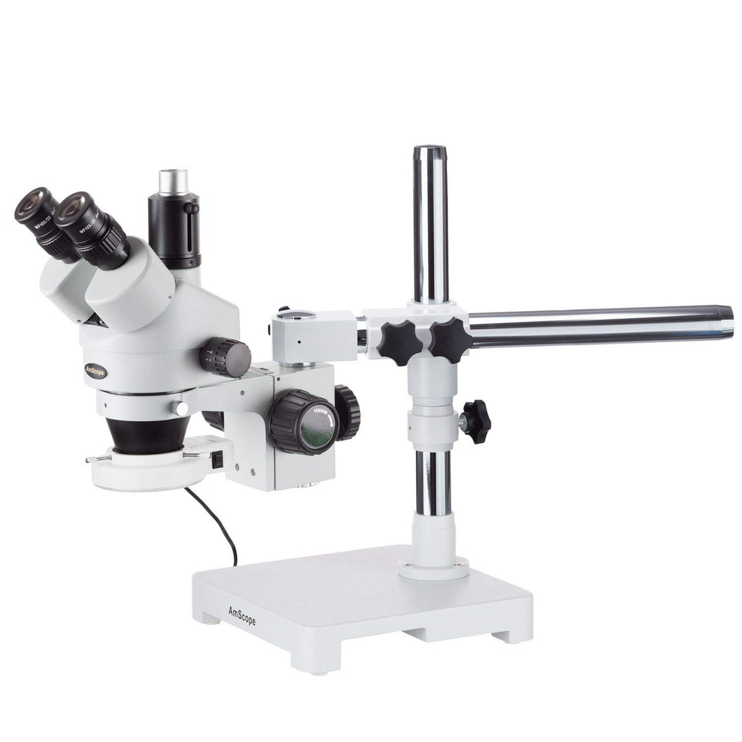 AmScope SM-3TY-54S Boom Ständer Trinokulares Zoom Stereomikroskop mit 54 LED-Licht, 7X-90X, Weiss