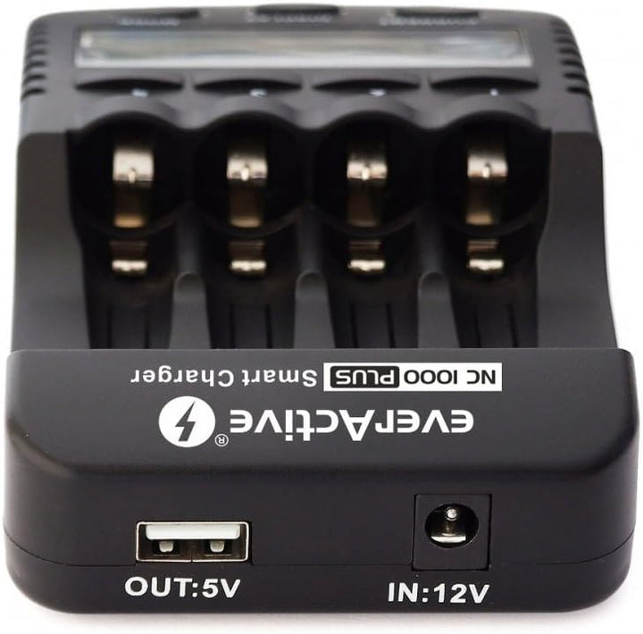 everActive Ladegerät für 4 Akkus AAA AA, professionell und schnell, LCD Anzeige, Kapazitätstest, KFZ