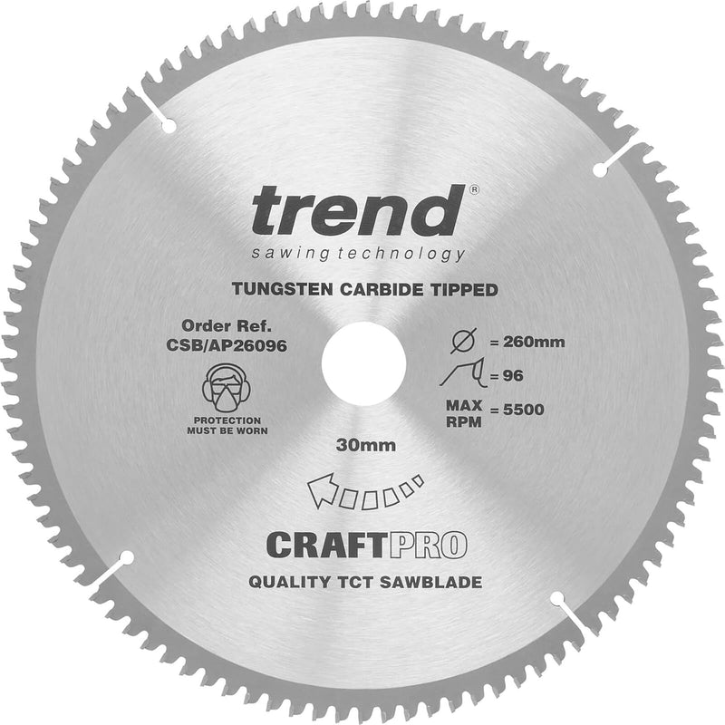 Trend CraftPro Arbeitsplatte Aluminium und Kunststoff TCT Kreissägeblatt, 260mm Durchmesser x 96 Zäh