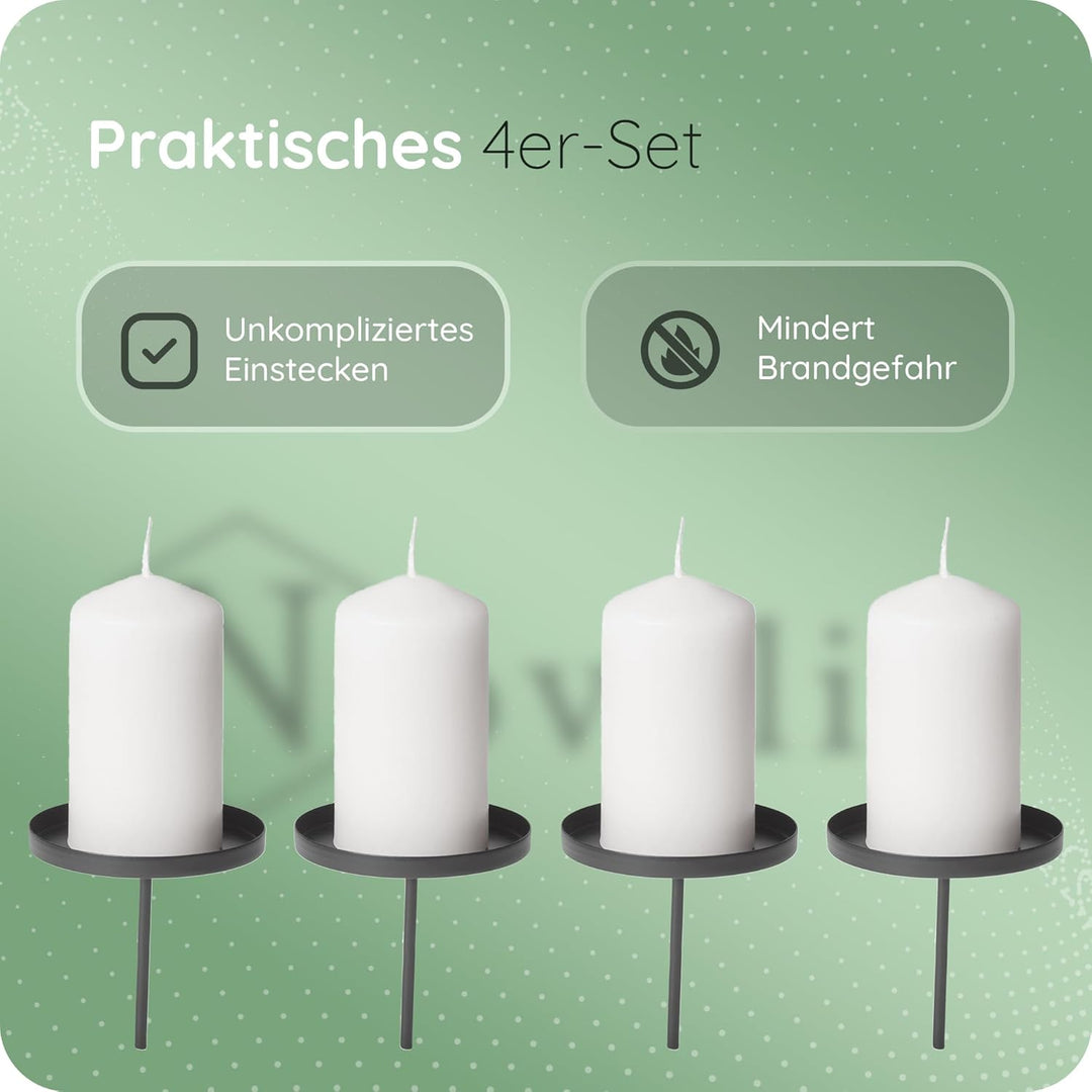 Novaliv 4X Kerzenpick Flach, 6,5 cm SCHWARZ Kerzenhalter für Adventskranz Kerzenpin Weihnachtskranz,
