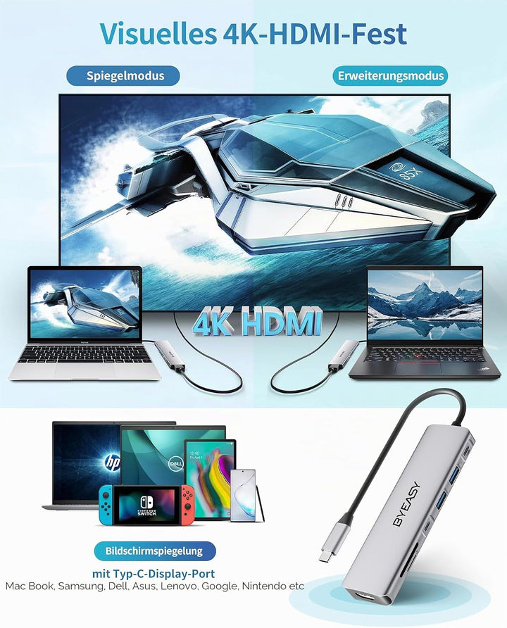 BYEASY USB C Hub, 7IN1 Docking Station, 4K HDMI, 100W PD, Typ-A/C 3.0 5Gbps, SD/TF Kartenleser, Ultr