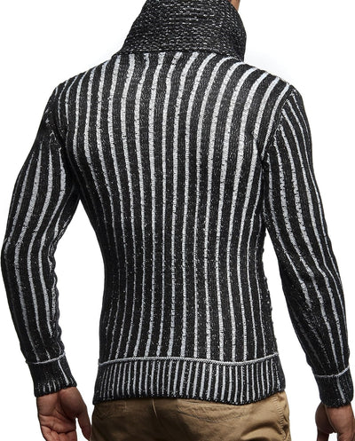 Leif Nelson Herren Strick-Pullover Schalkragen Slim Fit Winter Sommer Moderner Männer schwarzer Pull
