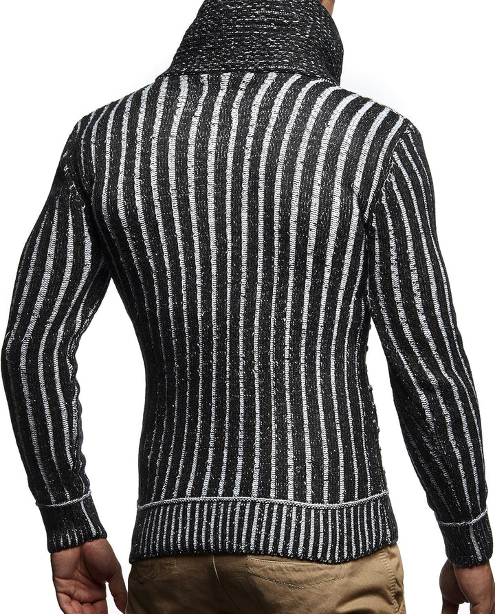 Leif Nelson Herren Strick-Pullover Schalkragen Slim Fit Winter Sommer Moderner Männer schwarzer Pull