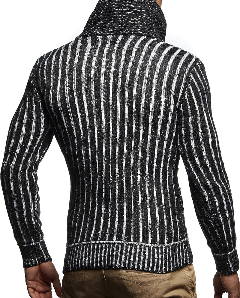 Leif Nelson Herren Strick-Pullover Schalkragen Slim Fit Winter Sommer Moderner Männer schwarzer Pull