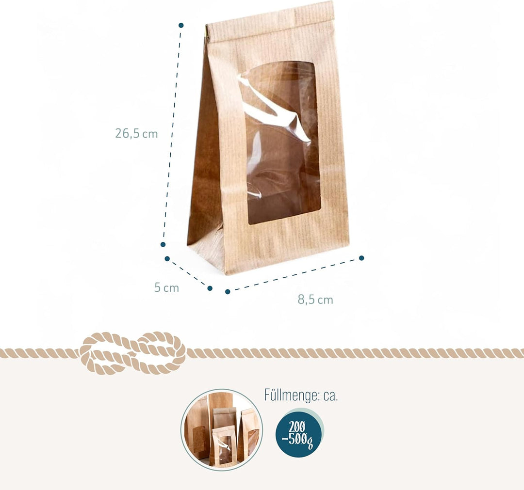 Logbuch-Verlag 100 braune Papiertüten mit Fenster & Folieneinlage - Beutel zum Befüllen mit Verschlu