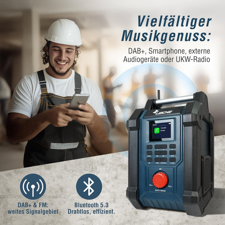 Baustellenradios - Digitales und Robustes Radio mit DAB+, FM, Bluetooth, AUX, 4000mAh Akku, 2 x 15W