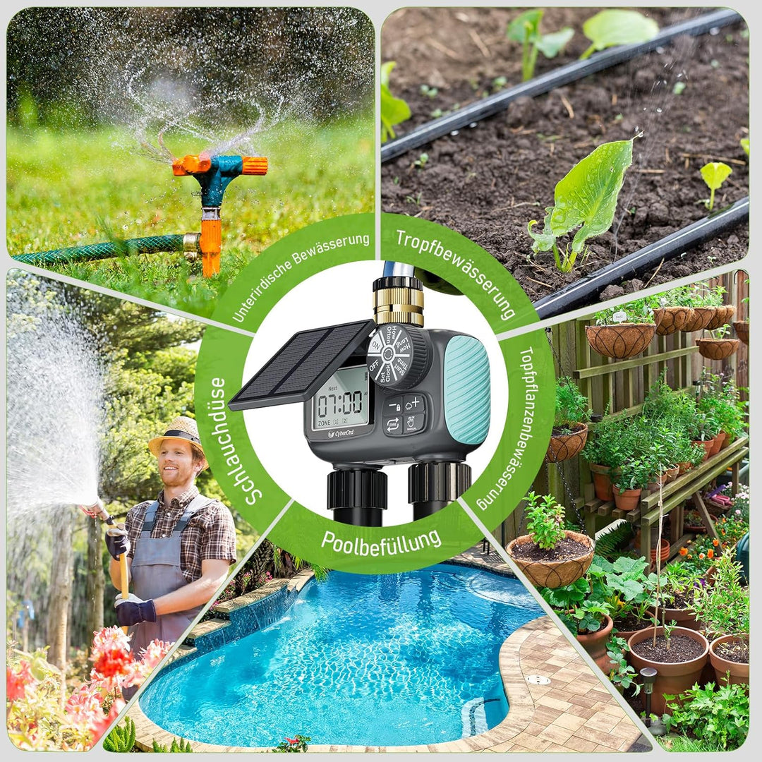 2-Zonen Solar Bewässerungscomputer, Automatische Bewässerung Wasser Zeitschaltuhr mit Solaraufladung