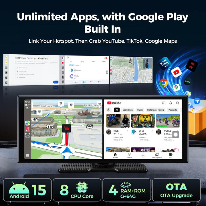 LAMTTO 11 Zoll Wireless CarPlay Android Auto Display mit Gemini AI Android 15 Autoradio 8-Kern 4+64G