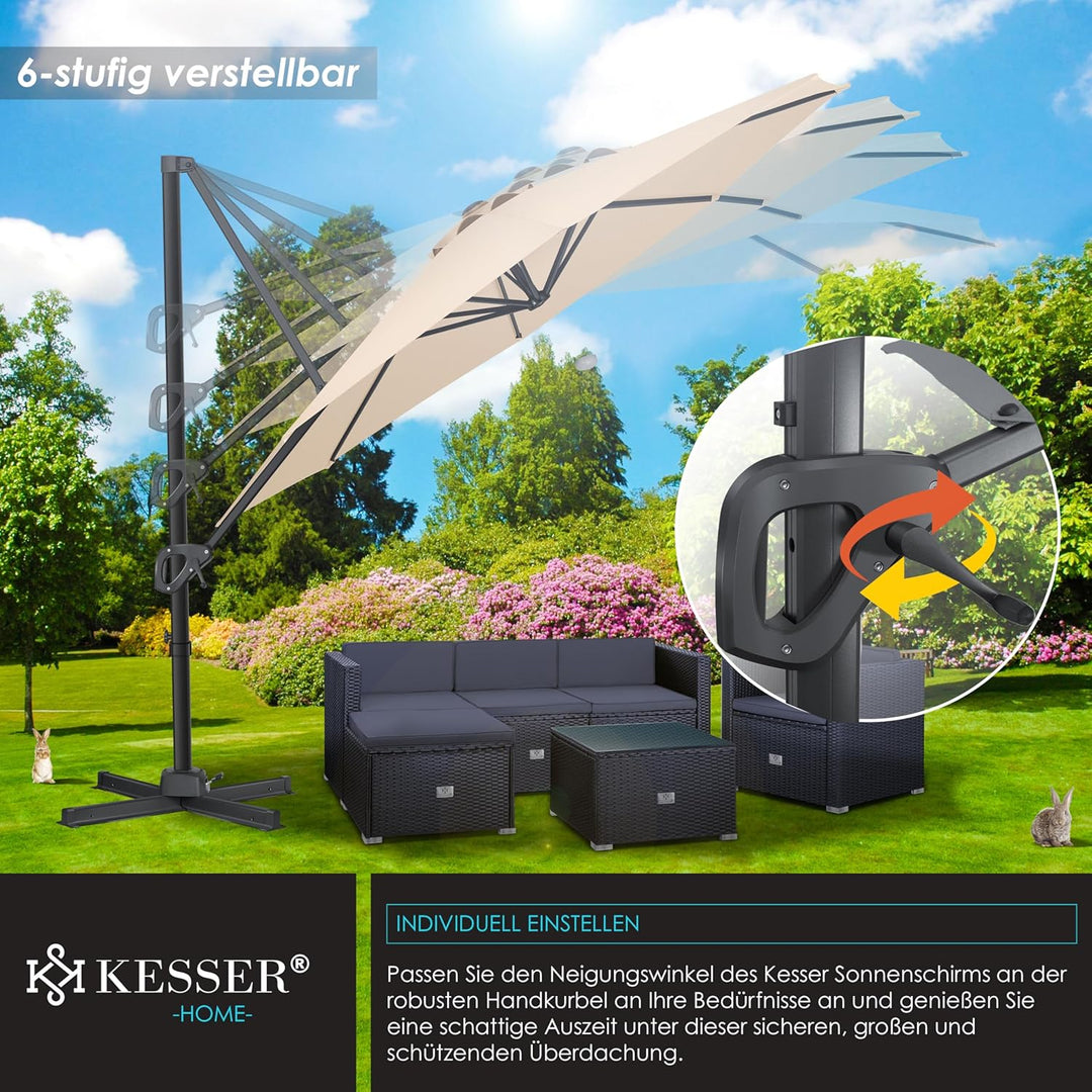 KESSER® Sonnenschirm Ampelschirm SUN Rund XL Ø330 cm Inkl. Abdeckung + Windsicherung 7-Fach Verstell