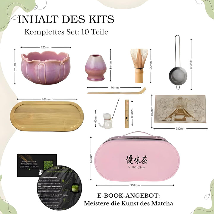 Matcha Set 10 – teilig – Rosa Koffer & Rosa Lotus-Schale – mit Bambusbesen, Löffel, Halter, Sieb – M