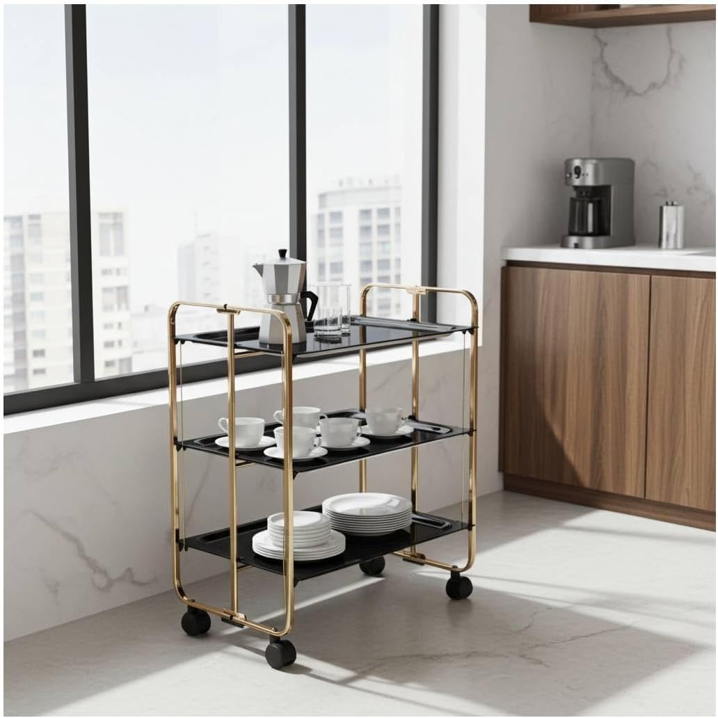 DON HIERRO - Servierwagen klappbar, Bauhaus, 3 Böden. Goldenem Rahmen-Schwarz 66 x 43 x 82 cm. Schwa