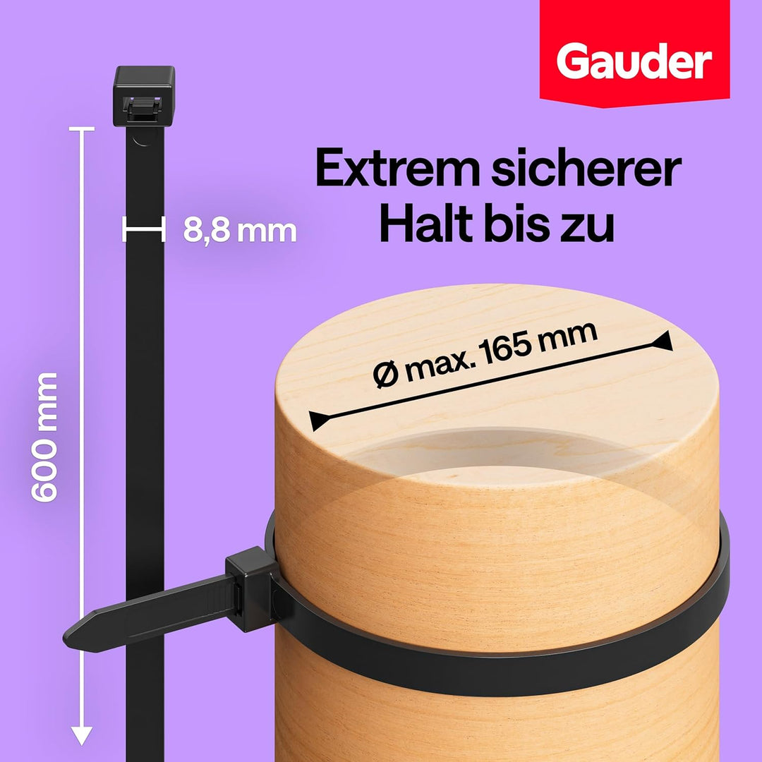 GAUDER Kabelbinder schwarz (80 kg Zugfestigkeit) - Extra starke und lange Kabelbinder für Kabelmanag