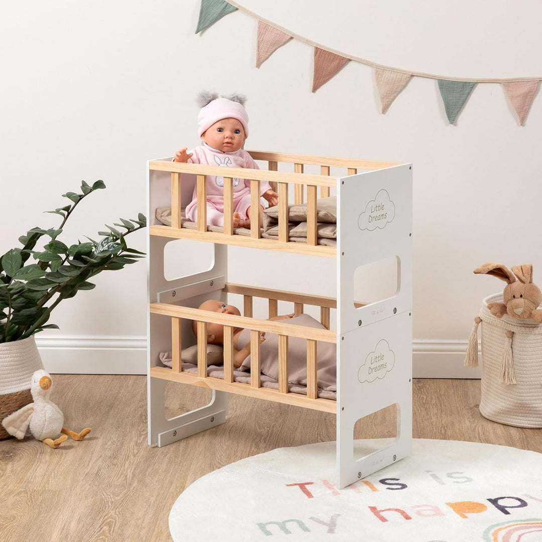 ELLA & PIET® Puppenetagenbett STOCKY Two Stapelbar (Weiss-Schlamm) Puppenbett für 2 Puppen Erweiterb